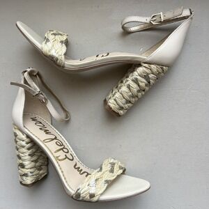 Sam Edelman Yoana Cream Ivory &‎ Gold Woven Raffia Trim Heeled Sandal Women 7.5